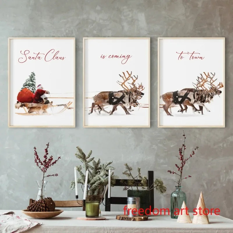 Santa Reindeer Train Christmas Canvas Art for Kids Room