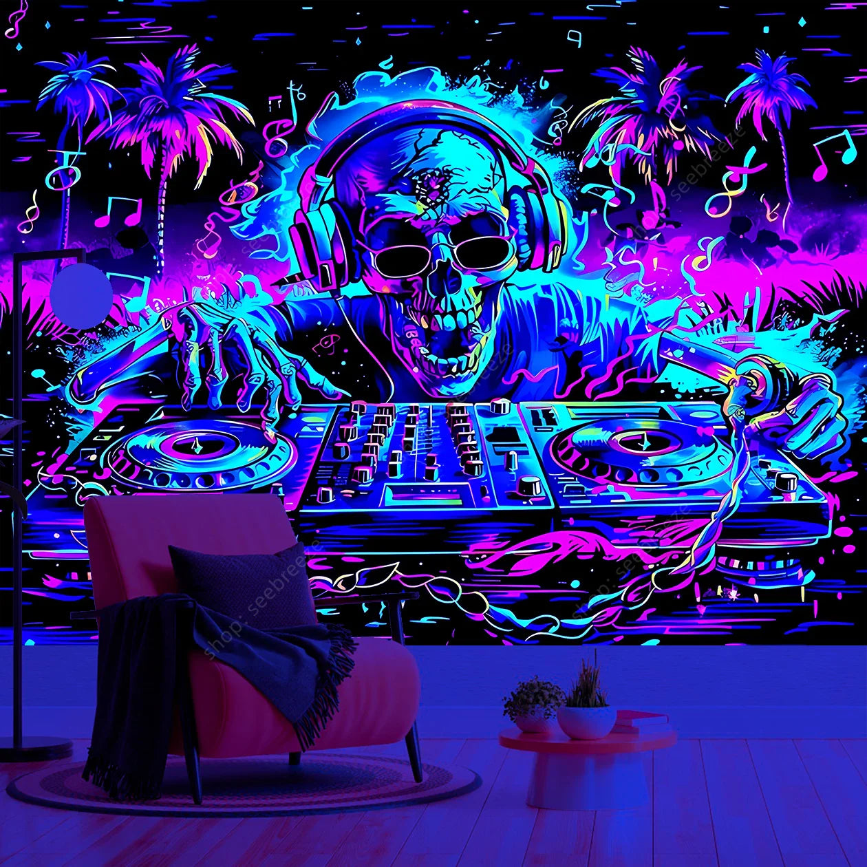 DJ Skull UV Tapestry: Bohemian Music Festival Decor