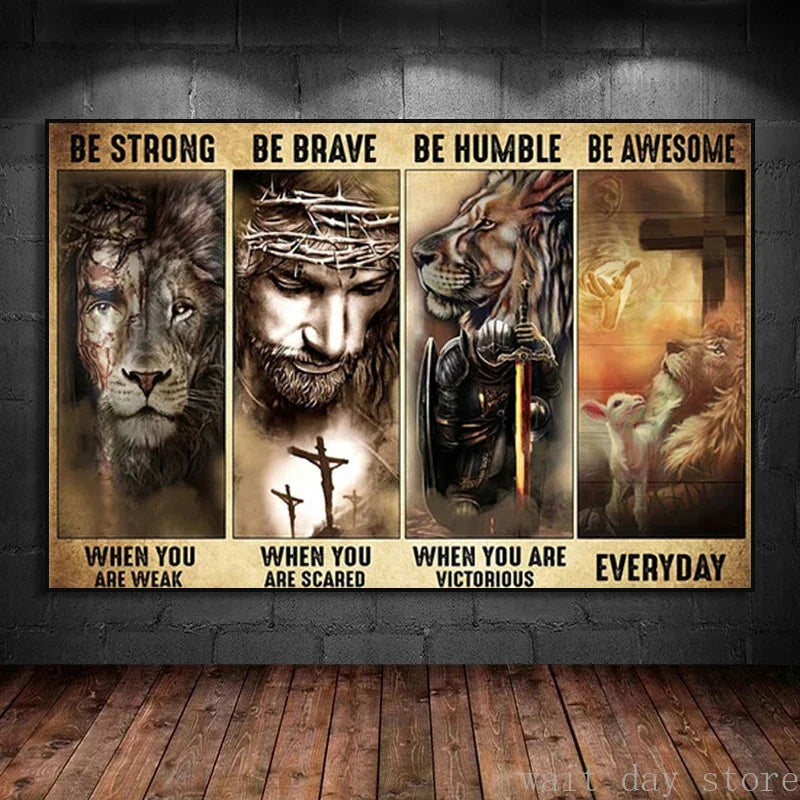 Lion & Jesus Crown of Thorns Canvas Art Print Decor