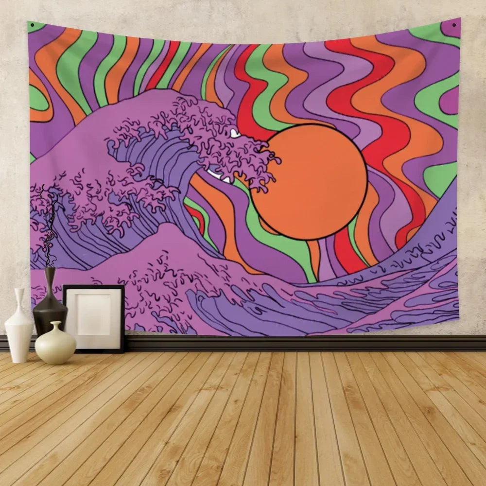 70s Retro Floral Rainbow Sun Tapestry Wall Decor