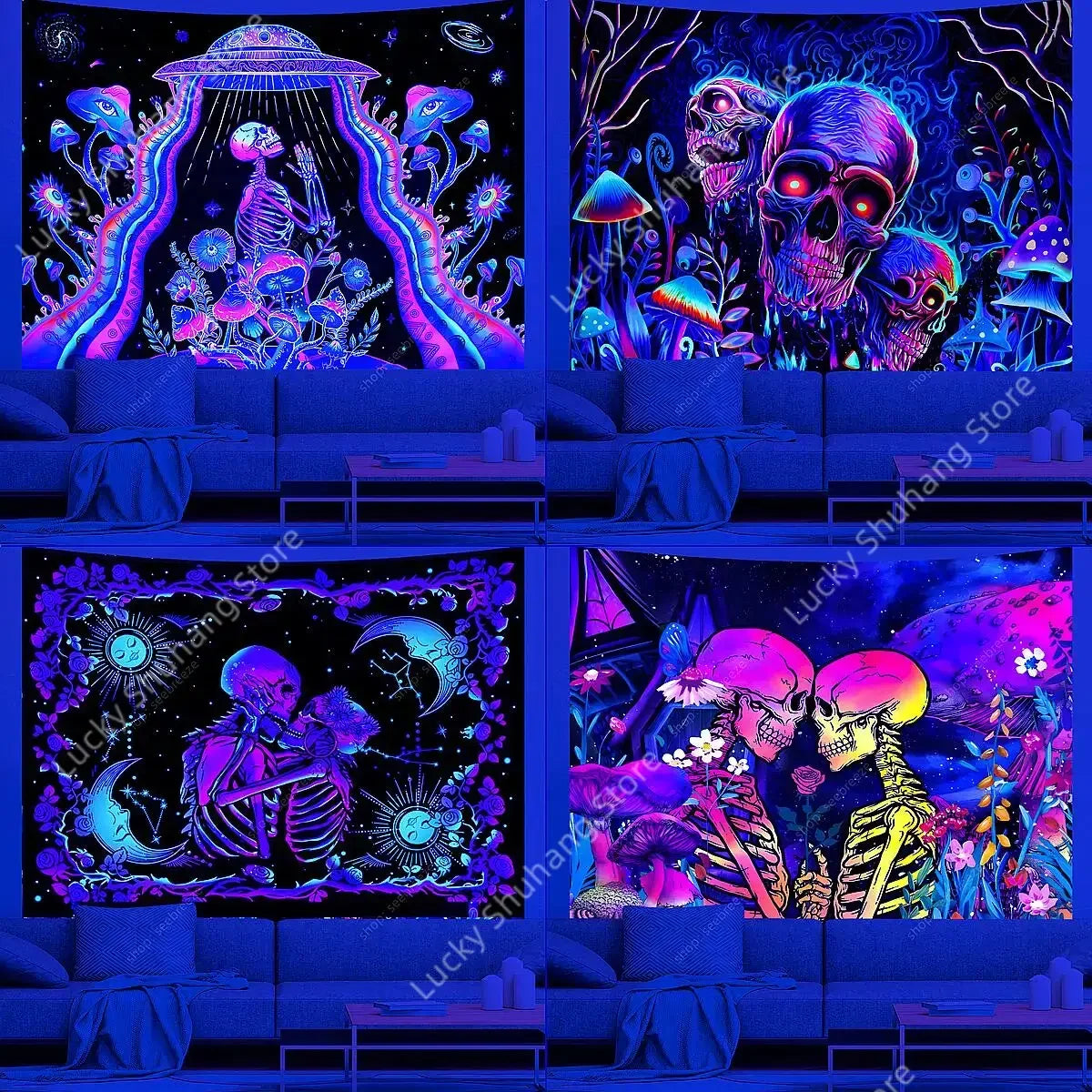 UV Reactive Skull Tapestry - Psychedelic Wall Decor