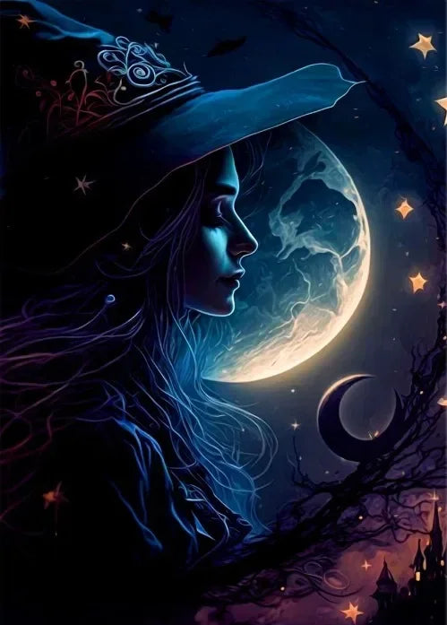 Halloween Witch Canvas Art: Starry Sky & Moon Decor